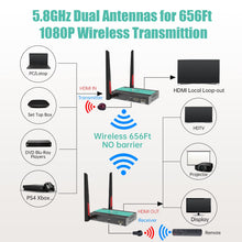 Cargar imagen en el visor de la galería, Mirabox Wireless HDMI Transmitter and Receiver Extender 1x4-200m(656Ft) 5.8GHz 1080P@60Hz Audio Video Extender Kit with IR and HDMI Loop-Out for TV,DSLR Camera,Projector,DVR,Laptop,PS5,Switch
