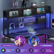 Cargar imagen en el visor de la galería, SEDETA L Shaped Gaming Desk, Reversible Computer Desk with Power Outlet and Pegboard, Gaming Desk with Led Lights, Keyboard Tray and Storage Bag for Home Office, Black
