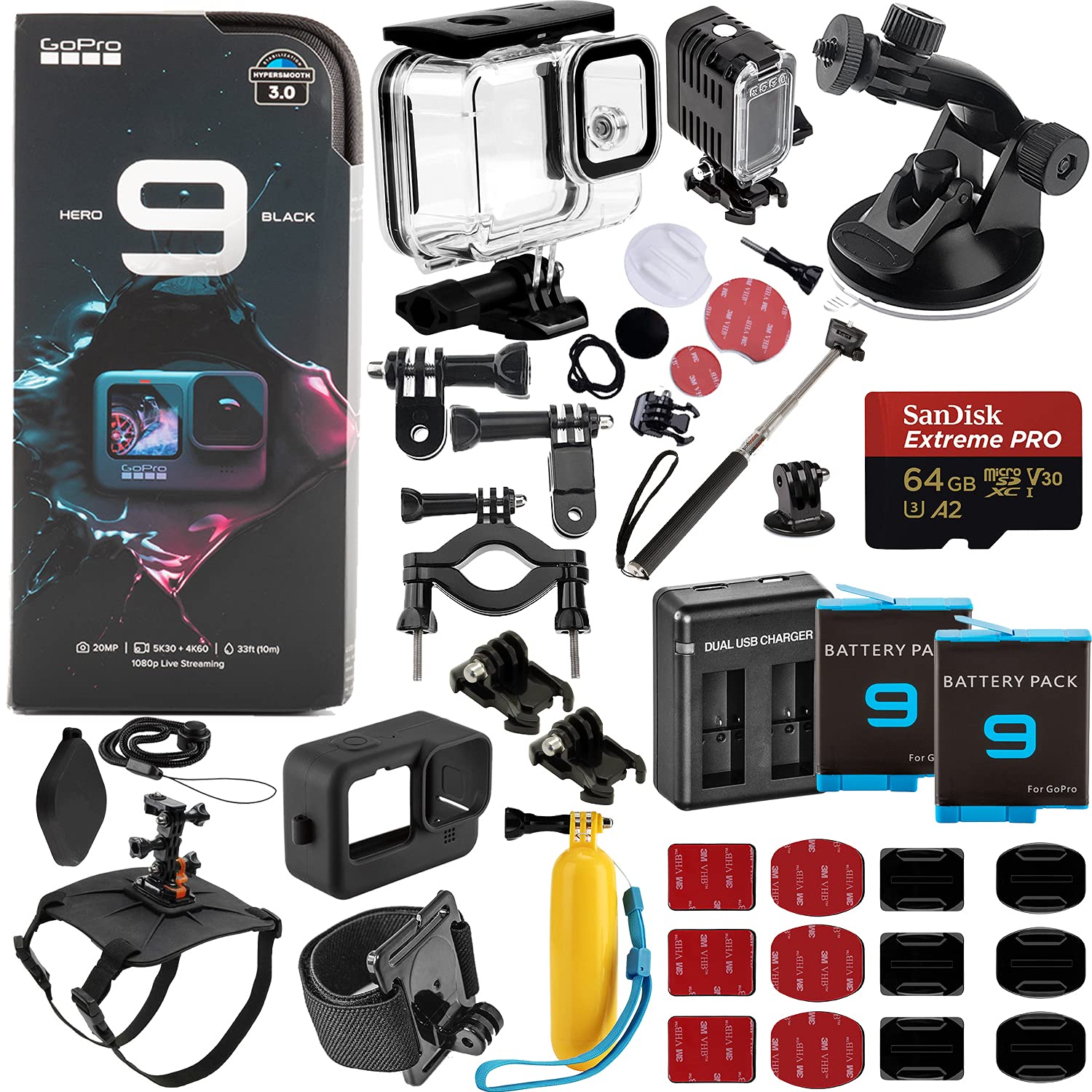 GoPro HERO9 (Hero 9) Black with Deluxe Outdoor Bundle - Includes: SanDisk Extreme PRO 64GB miniSDXC, 2X Replacement Batteries, Action Camera Mount Harness for Pets, Underwater Housing & So Much More