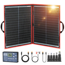 Load image into Gallery viewer, DOKIO 110w 18v Portable Foldable Solar Panel Kit (21x28inch, 5.9lb),Solar Controller 2 USB Output to Charge 12v Batteries/Power Station (AGM, Lifepo4) Rv Camping Trailer Emergency Power
